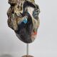 Signed raku ceramic mask, on wooden base – Expressive sculpture 28 cm