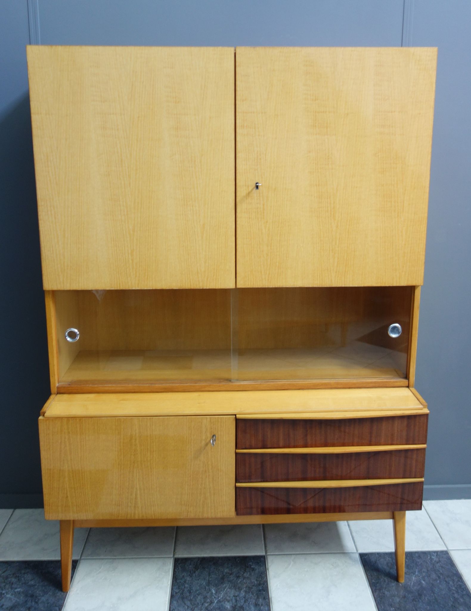 Highboard in two-tone wood with showcase part 1960s by Jitona Czech republic