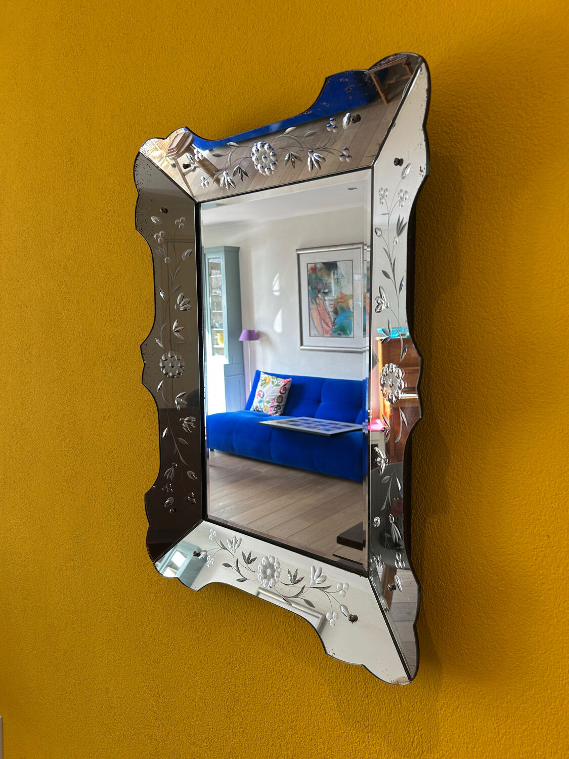 Prachtige Vintage Venetiaanse Spiegel – Geëtst Glas 79x58 cm