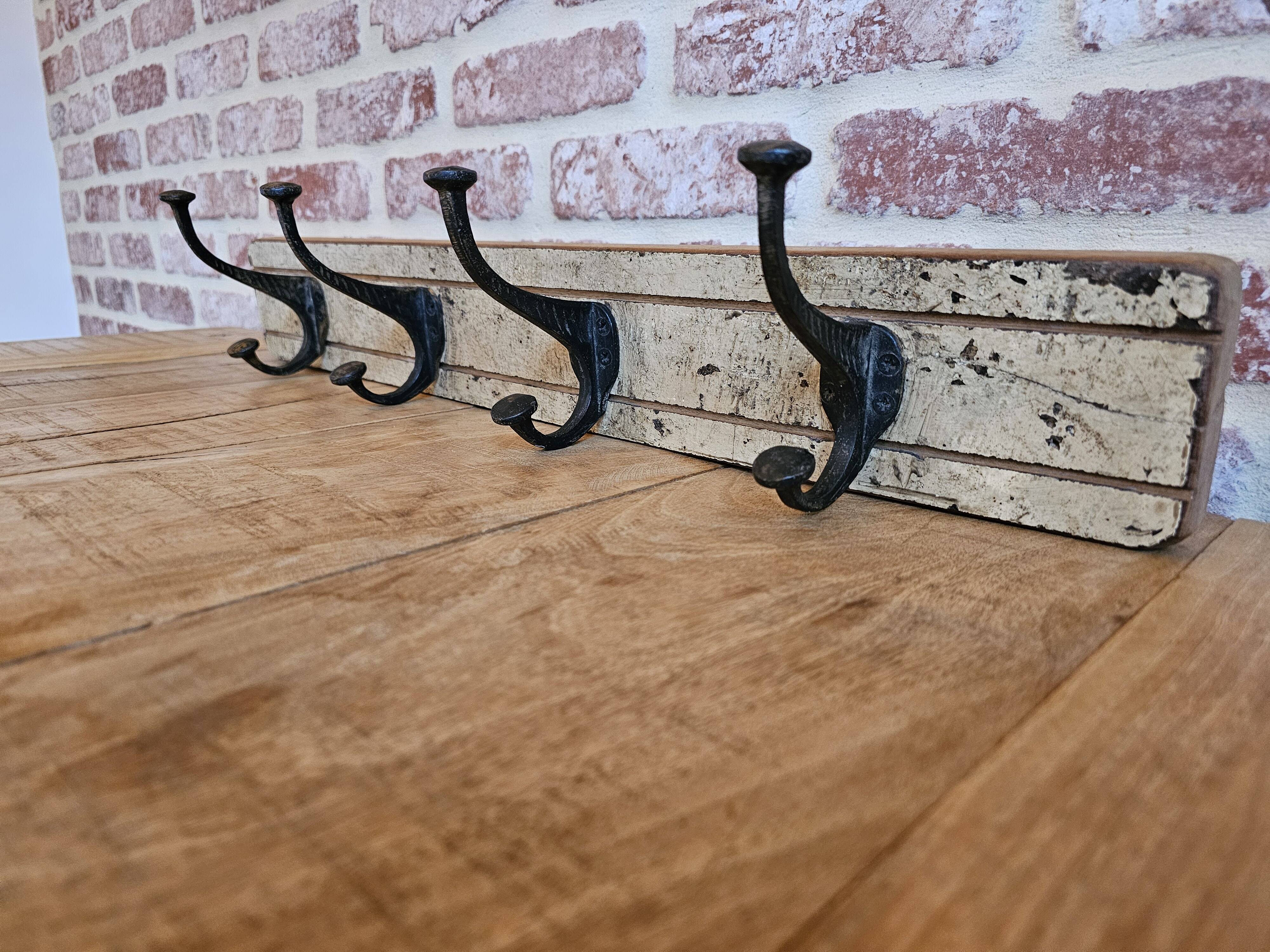 Solid teak coat hook with 4 double cast iron hooks