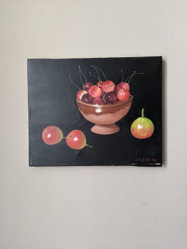 Tableau ancien huile sur toile nature morte décoration campagne bohème