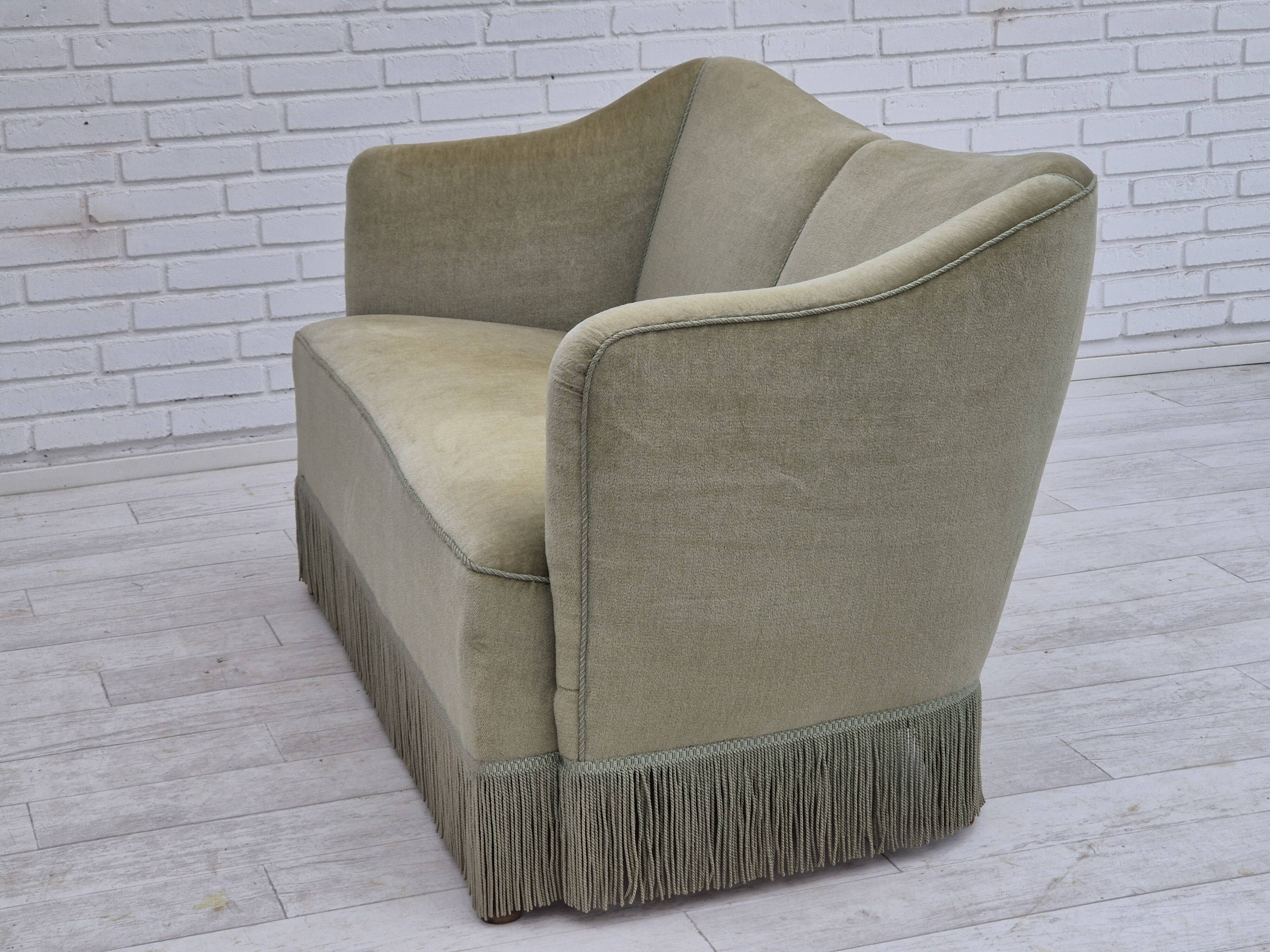 1960s, Danish 2 seater sofa, original condition, green furniture velour.