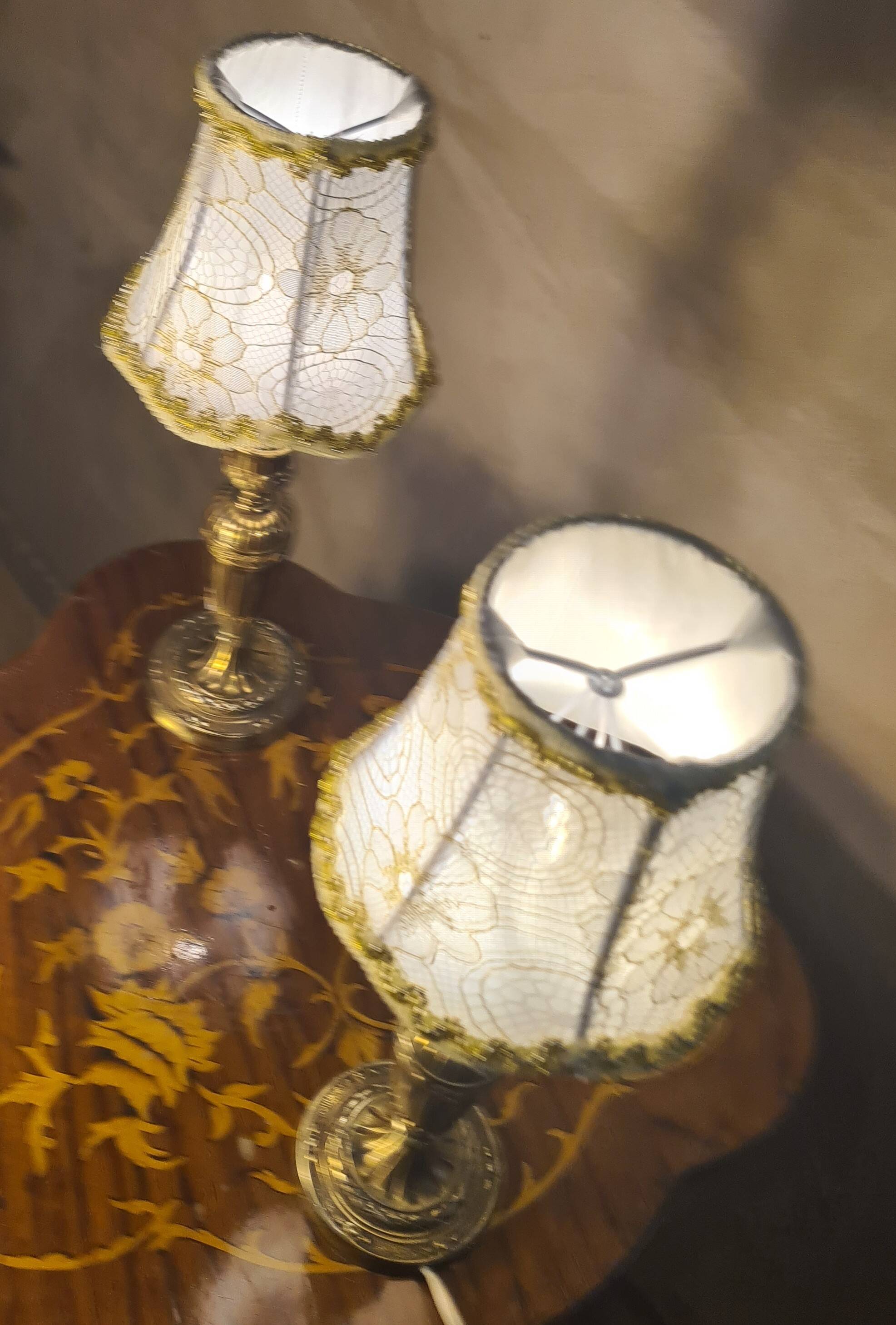 pair of Empire brass bedside lamps 34x14 electric working embroidered lampshade very beautiful