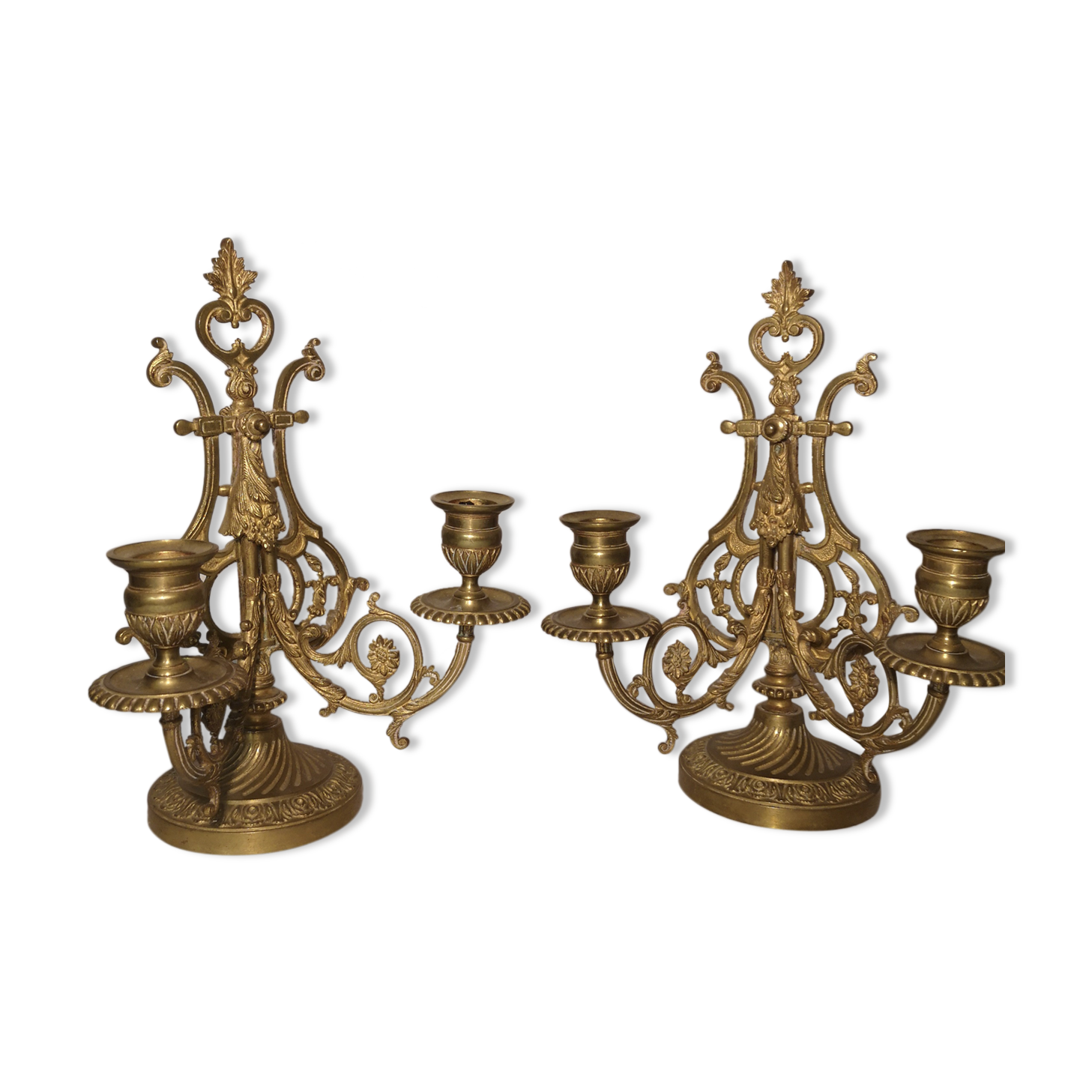 Pair of piano candlesticks in golden bronze 19th century