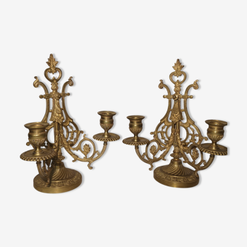 Pair of piano candlesticks in golden bronze 19th century