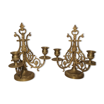 Pair of piano candlesticks in golden bronze 19th century