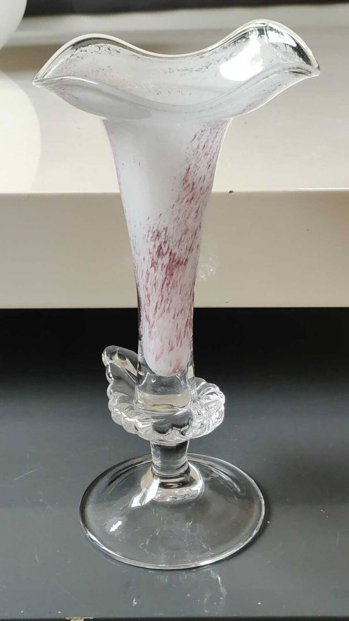 Peter Kaspar Soliflore Vase/Floral design, collared neck. Blown art glass, speckled purple. Shell inclusion. Dim 26.5 x 13 cm