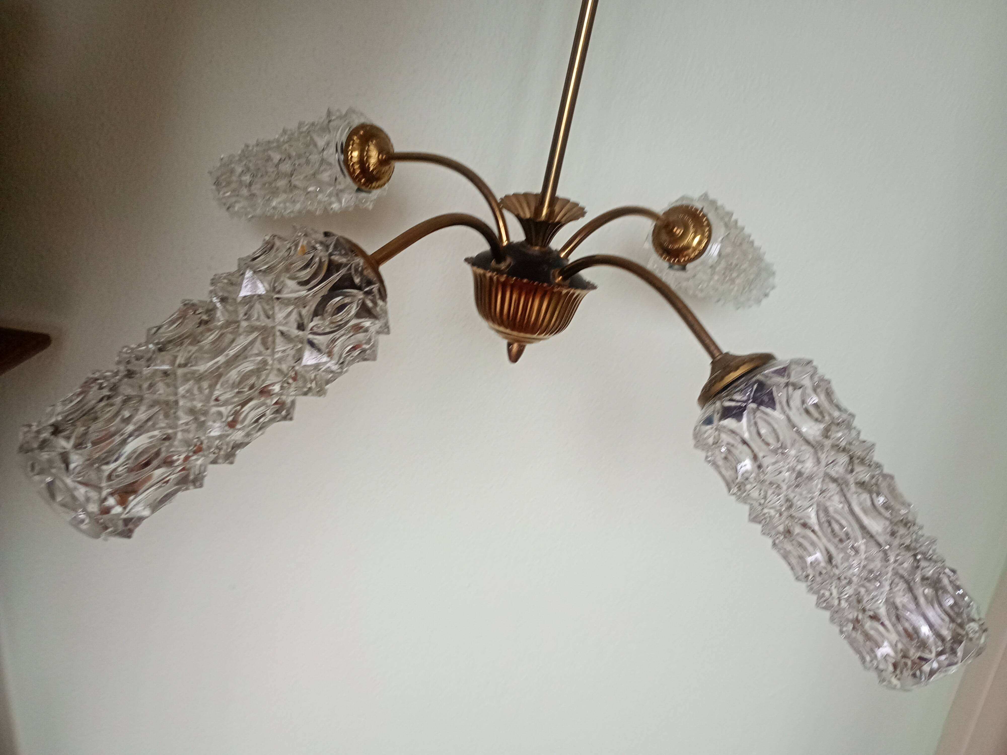 Vintage 4-arm chandelier - oblong tulip pressed molded glass - gold metal