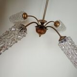 Vintage 4-arm chandelier - oblong tulip pressed molded glass - gold metal