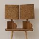 Pair of handcrafted lamps in solid oak with cork shades, circa 1970