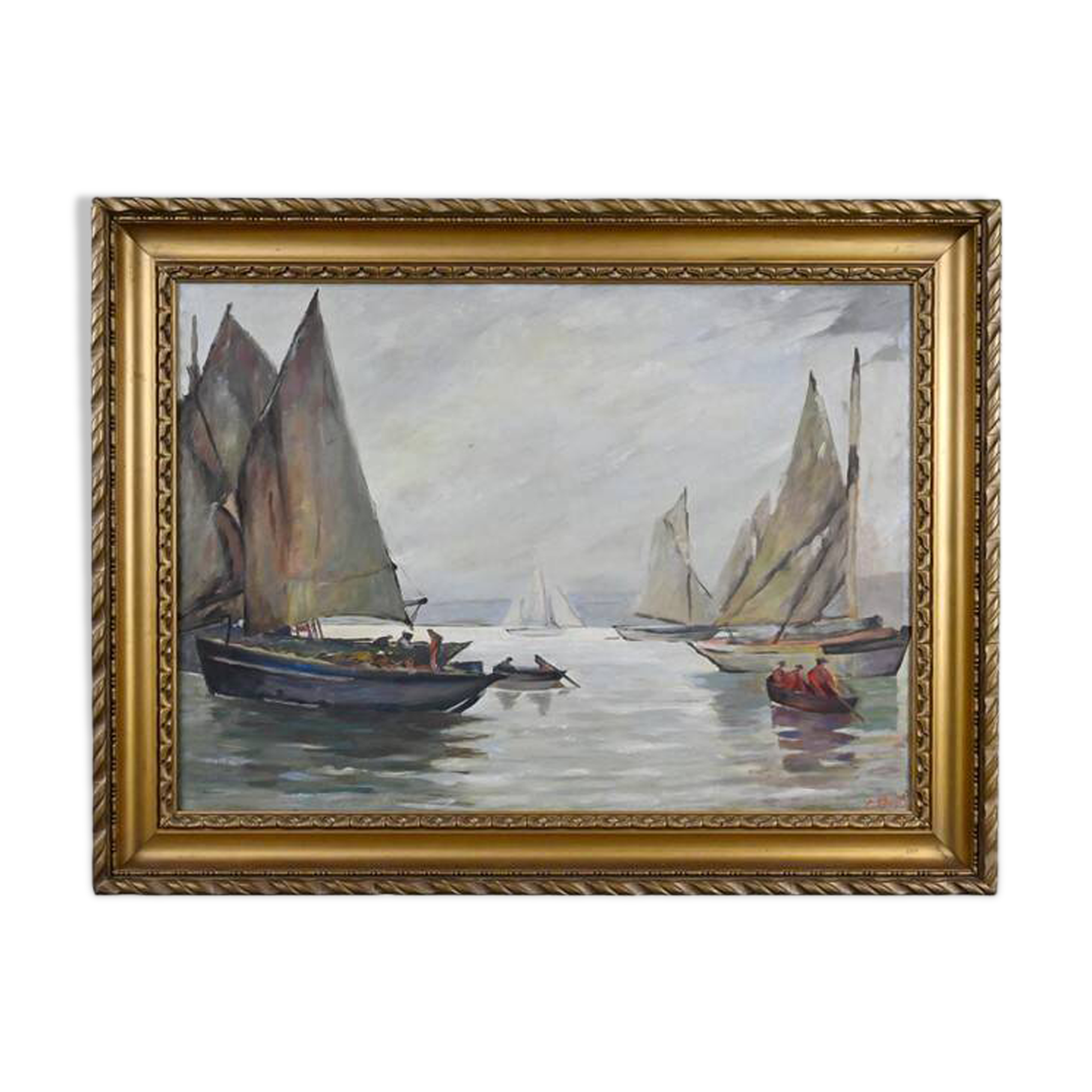 Painting "Sailboats on Calm Sea", oil on canvas, signed C. Bustad – 1928