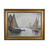 Tableau « Voiliers sur mer calme », huile sur toile, signé C. Bustad – 1928