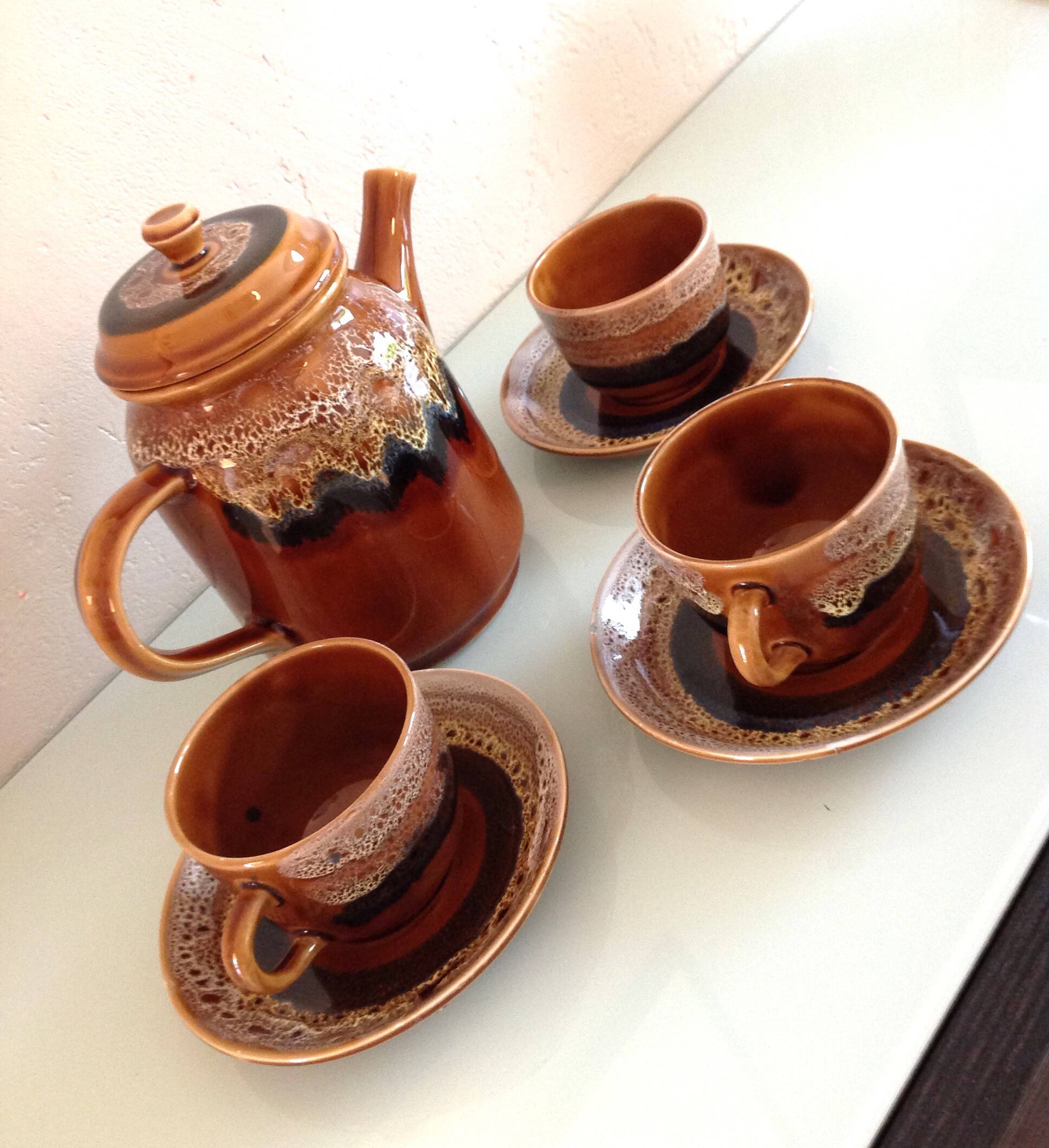 Hawaiian decor coffee service from the Sarreguemines faience factories / vintage 60s-70s