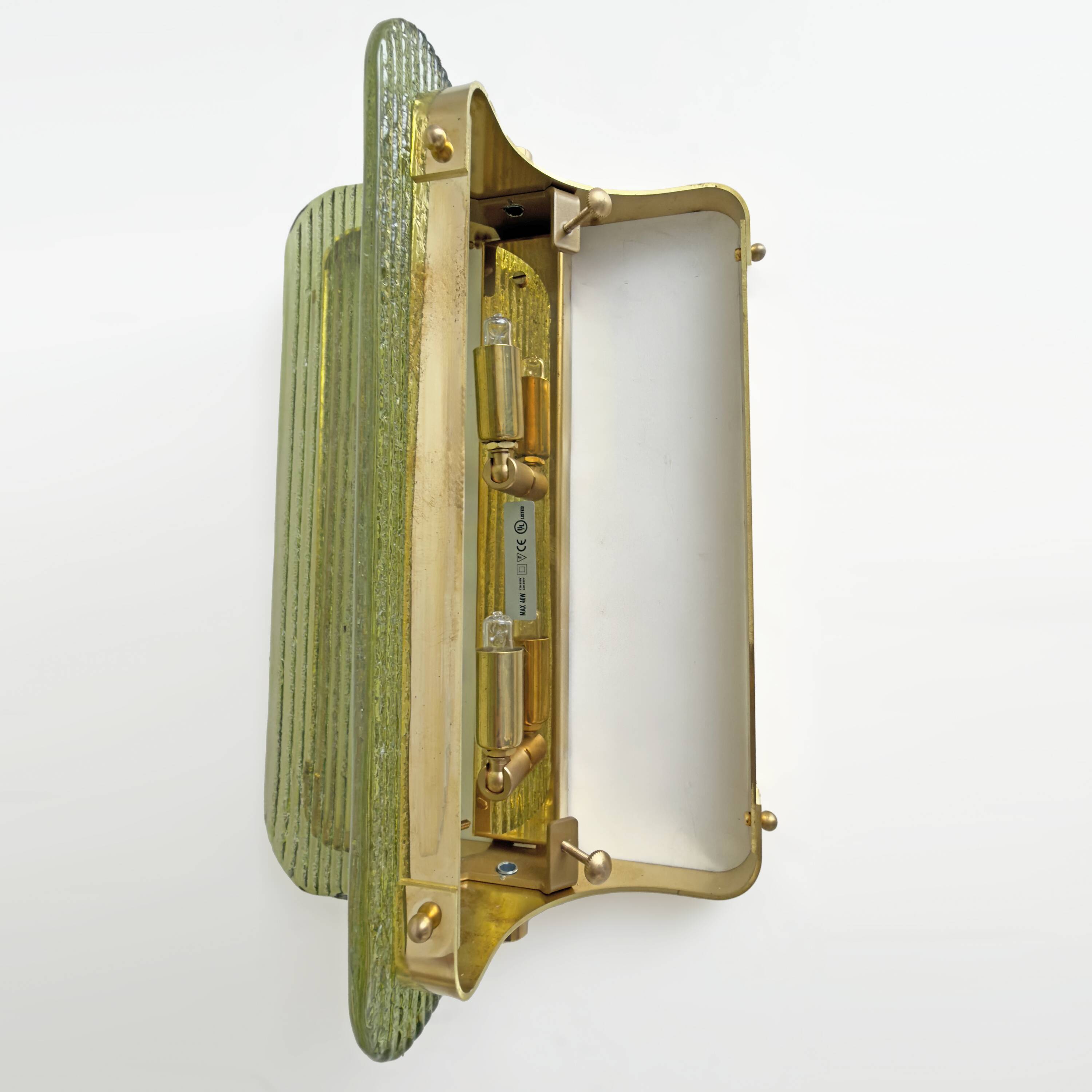 Pair of Curved, Ribbed Murano Glass and Brass Wall Sconces