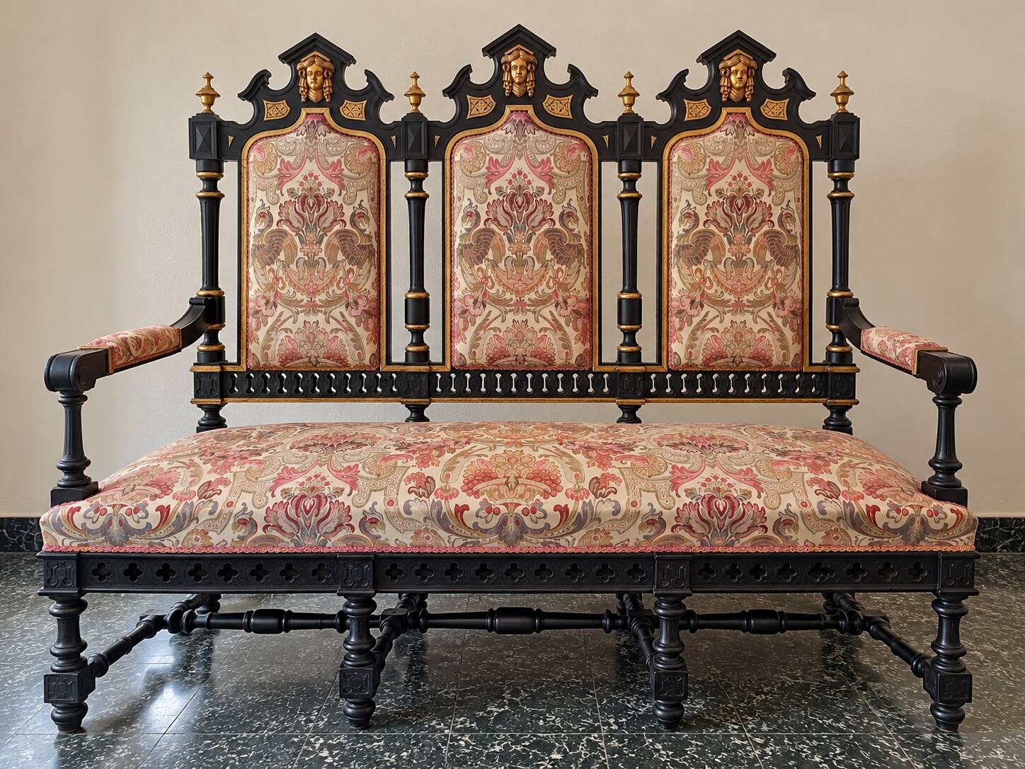 Historicist three-seater canapé in ebonised wood.