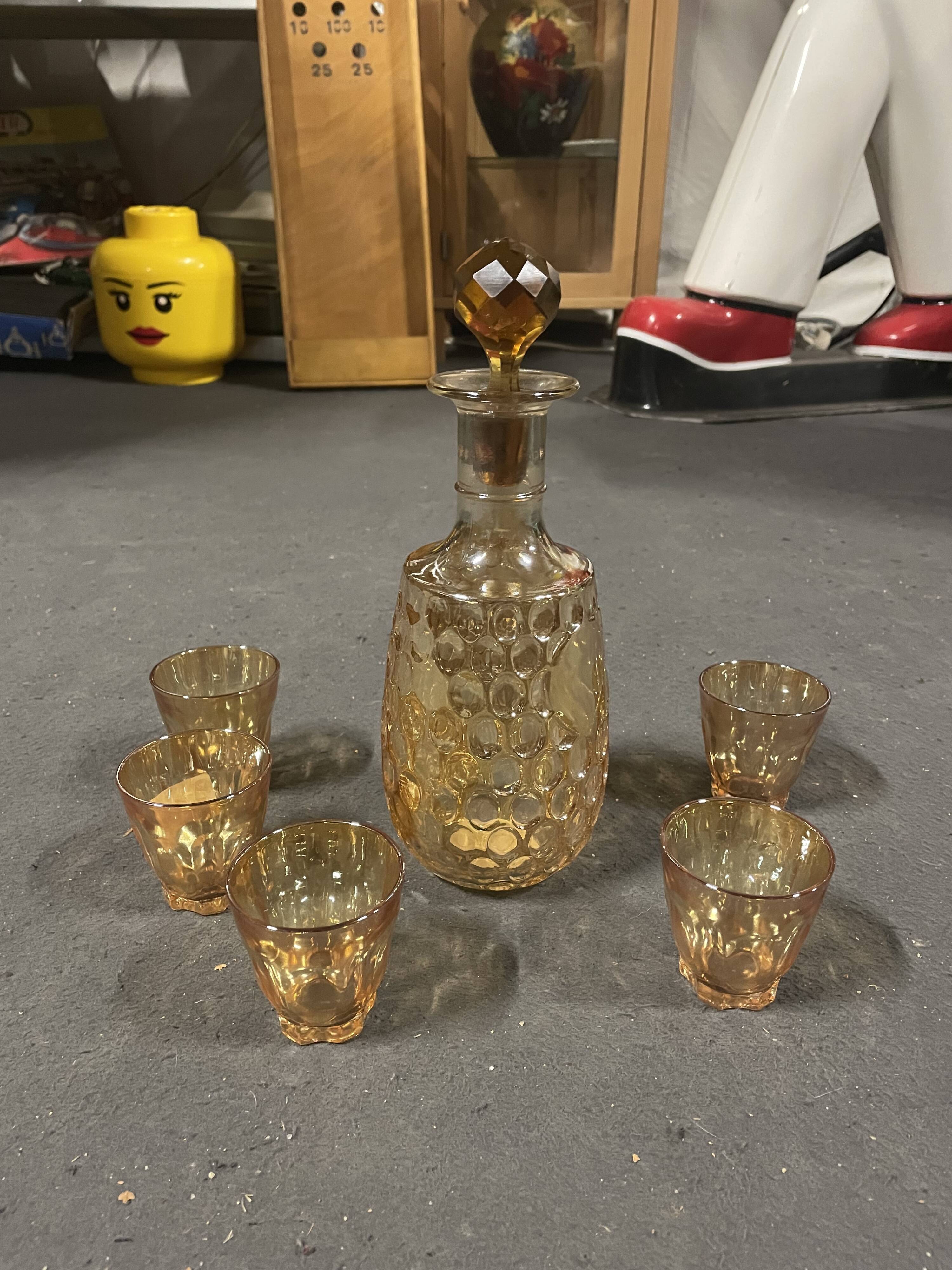 Carafe and 5 vintage glasses