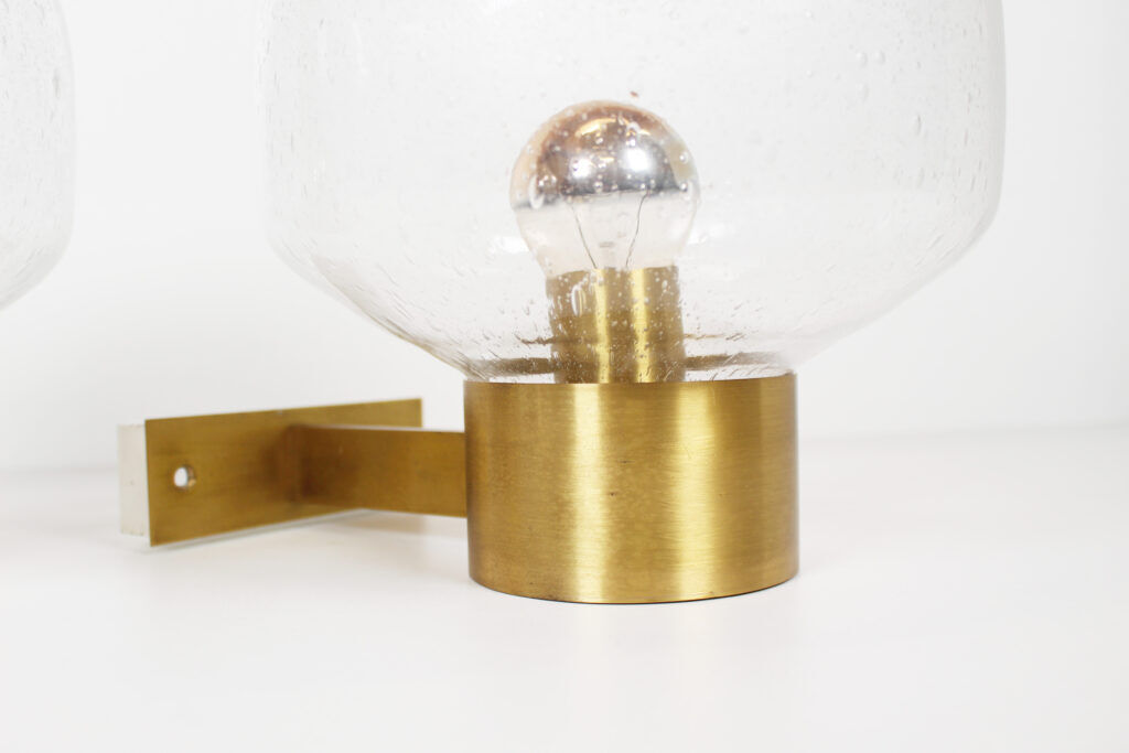 Pair of vintage brass and mouth blown glass wall lights