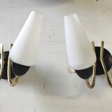 Appliques moderniste double feux métal doré et opaline - années 50/60