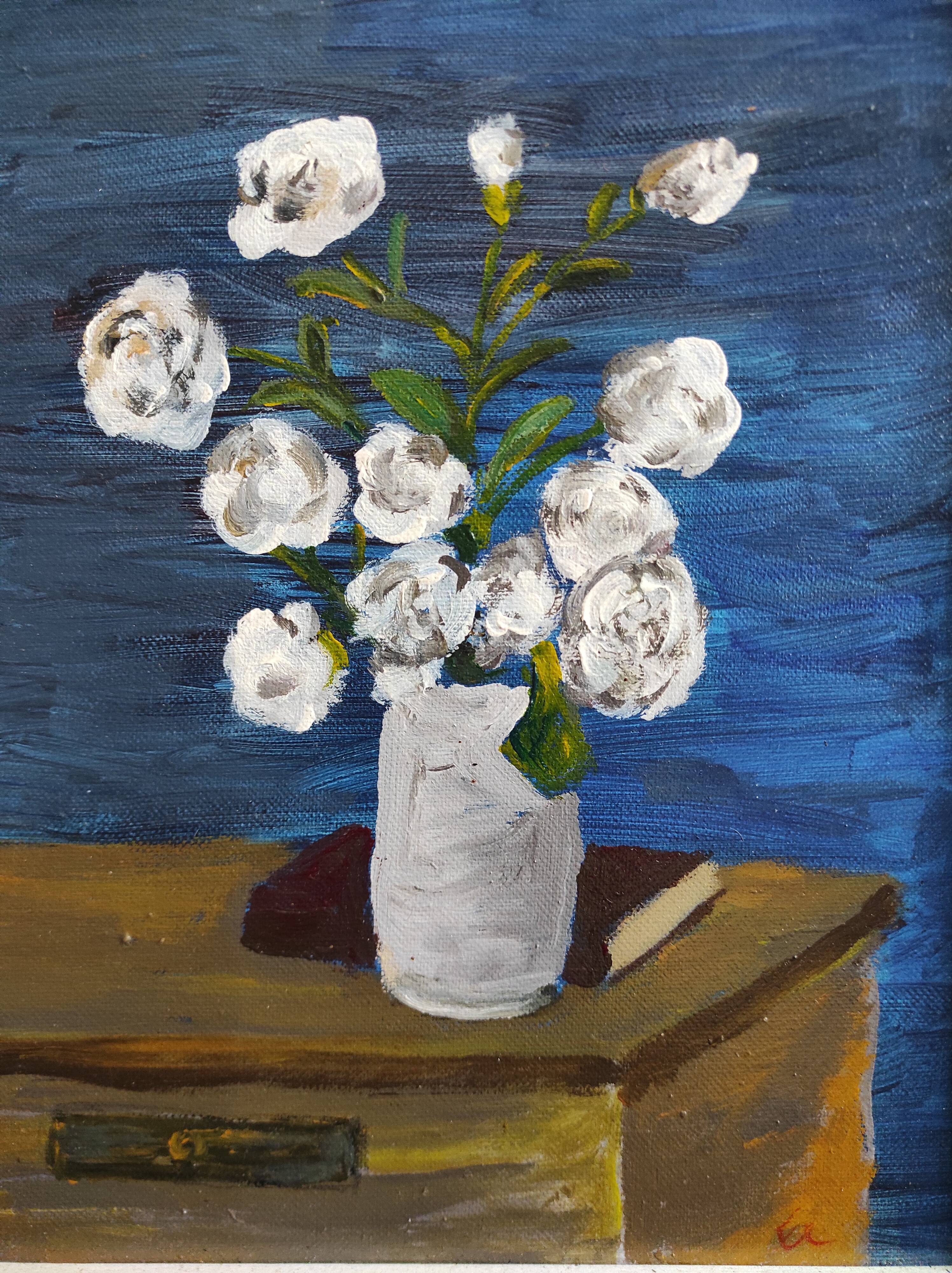 French vintage oil painting of flowers signed EC