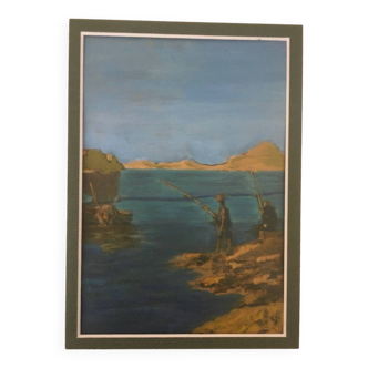 Tableau huile sur carton, scène de méditerranée