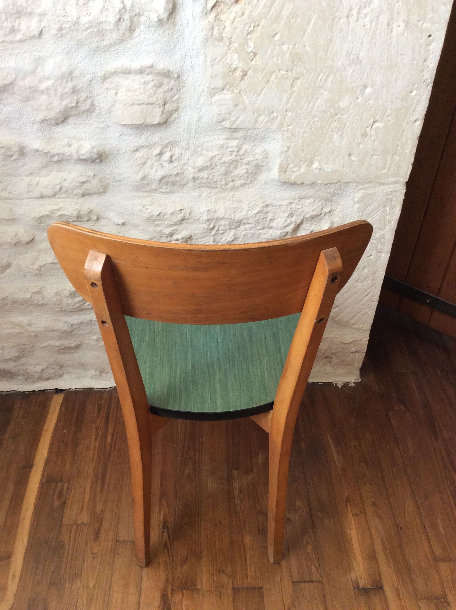 Set of 6 chairs in wood and green leatherette, 1960's