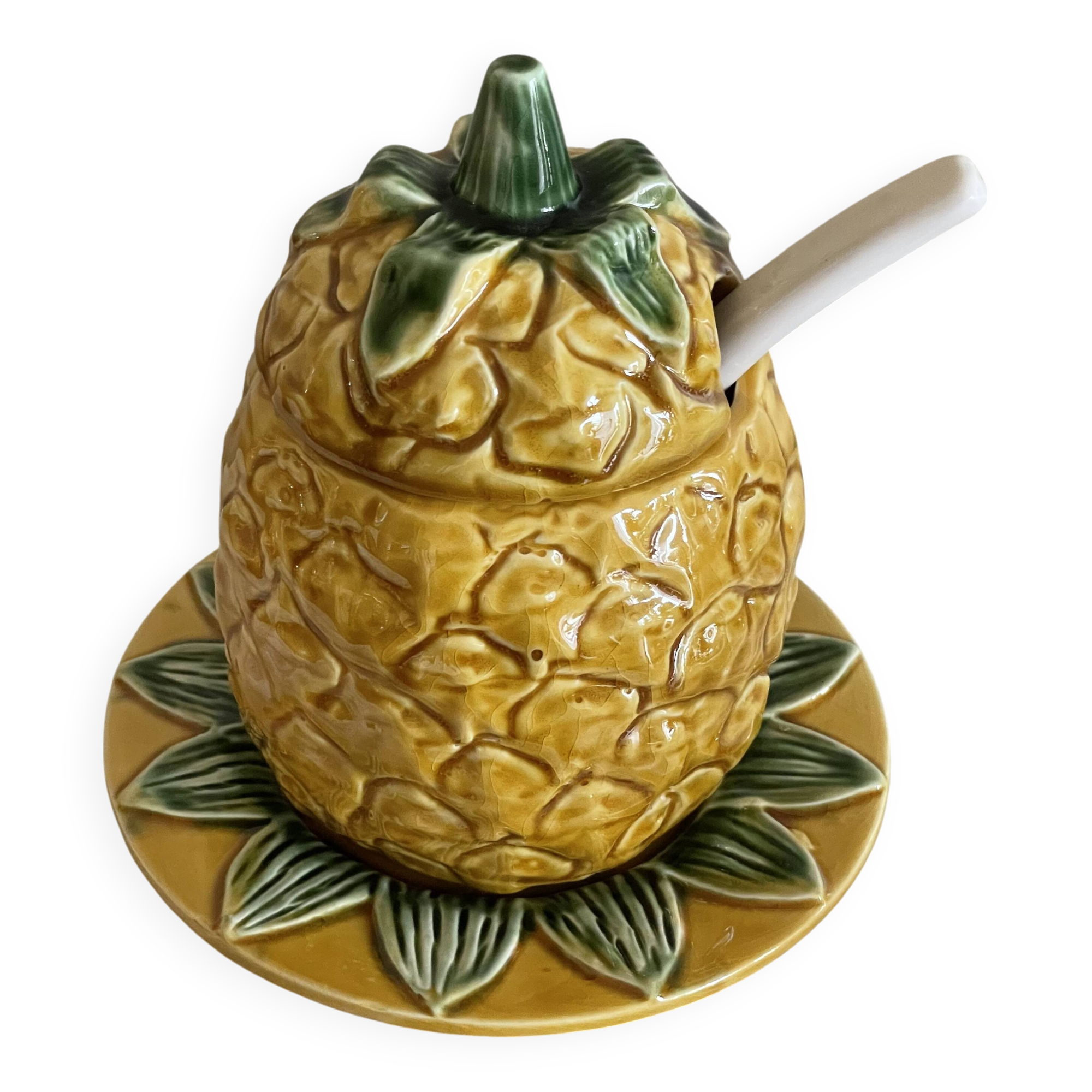 Jam pot, pineapple sugar bowl in slip