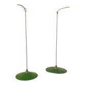 Industrial suspension pair with XL enamelled metal lampshade.