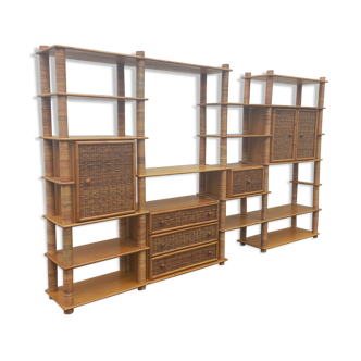 Modular bookcase in vintage rattan