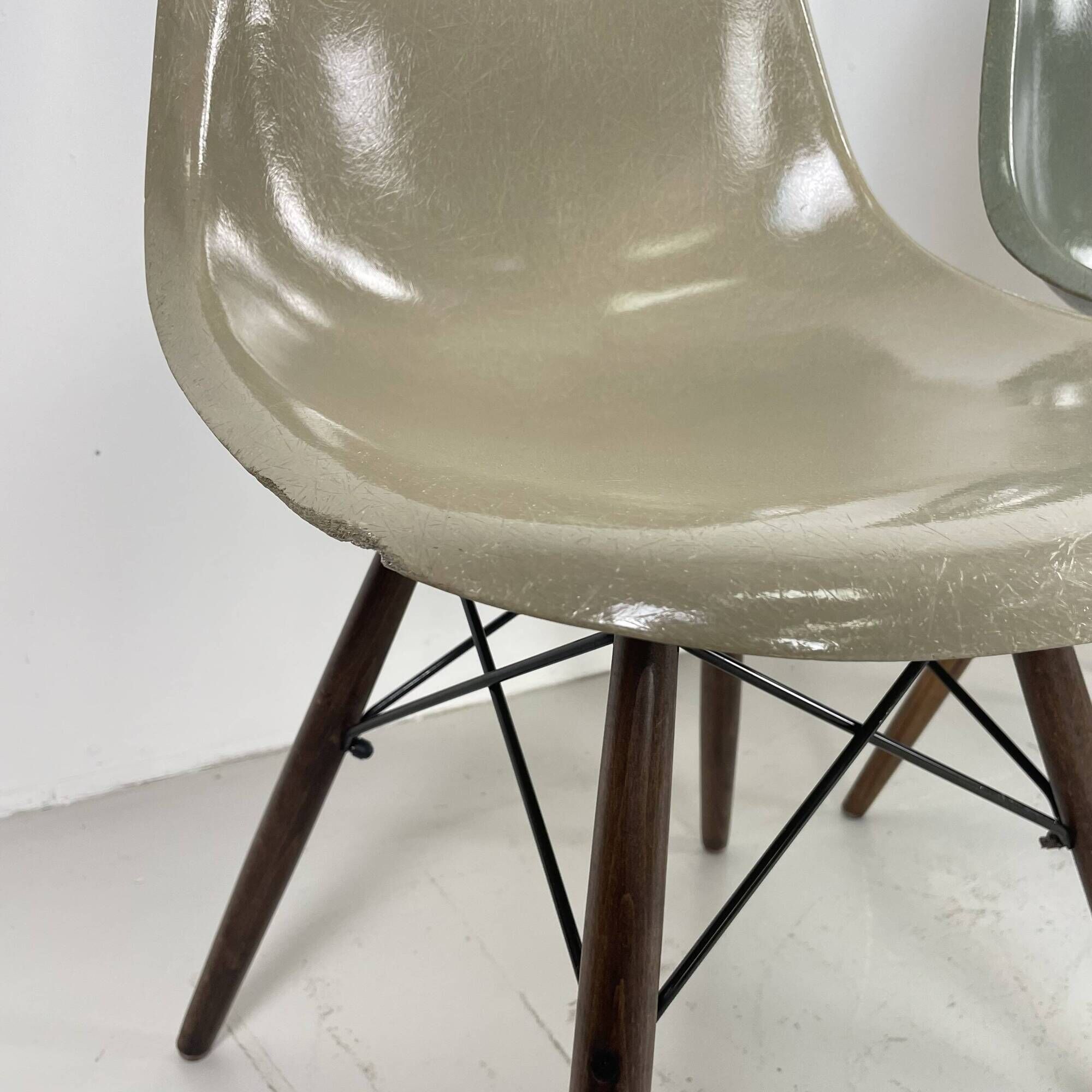 Eames Herman Miller DSW side chairs in greige, seafoam green, light ochre and parchment with slight