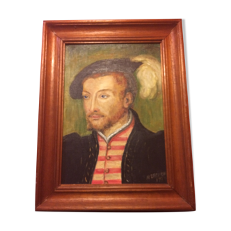 Tableau huile sur toile M. Brenon portrait homme + cadre bois vintage