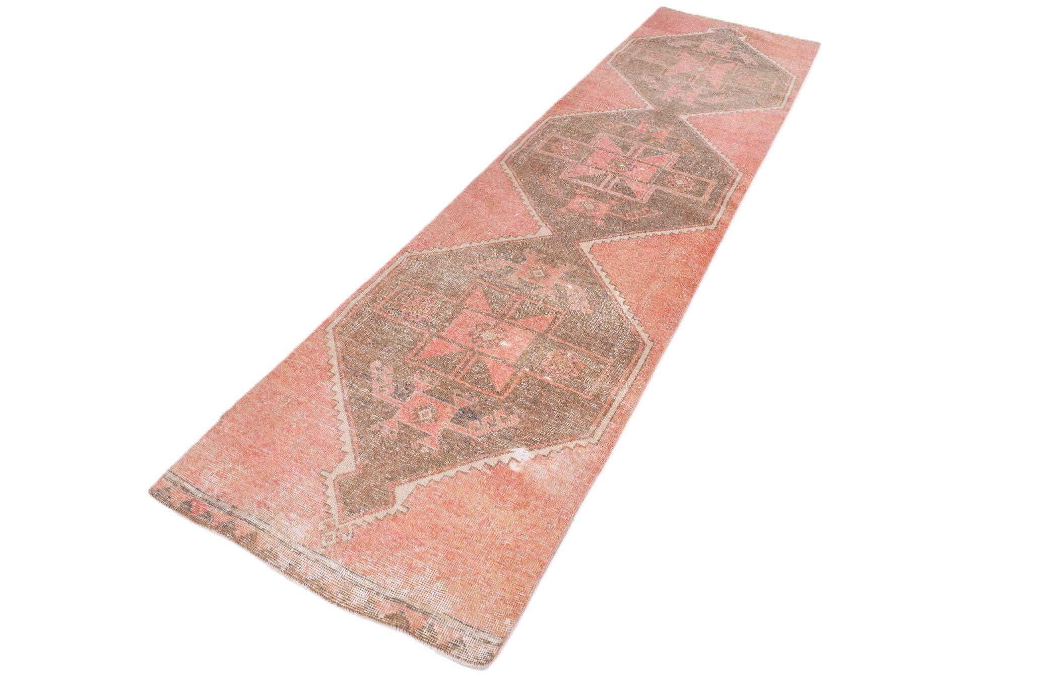 Turkish Salmon Brown Vintage Runner Rug, 91x362Cm