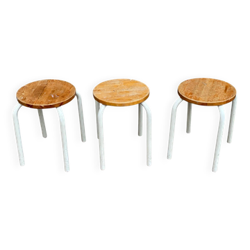 Lot de 3 tabourets empilables style ikea frosta bois massif et acier 1990