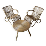 Ensemble table basse et fauteuils en roseau - années 50