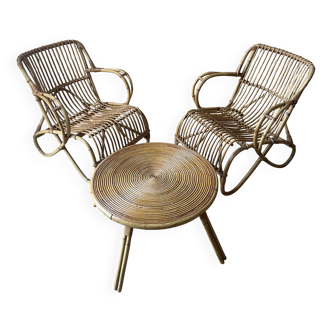 Reed coffee table and armchair set - 1950s