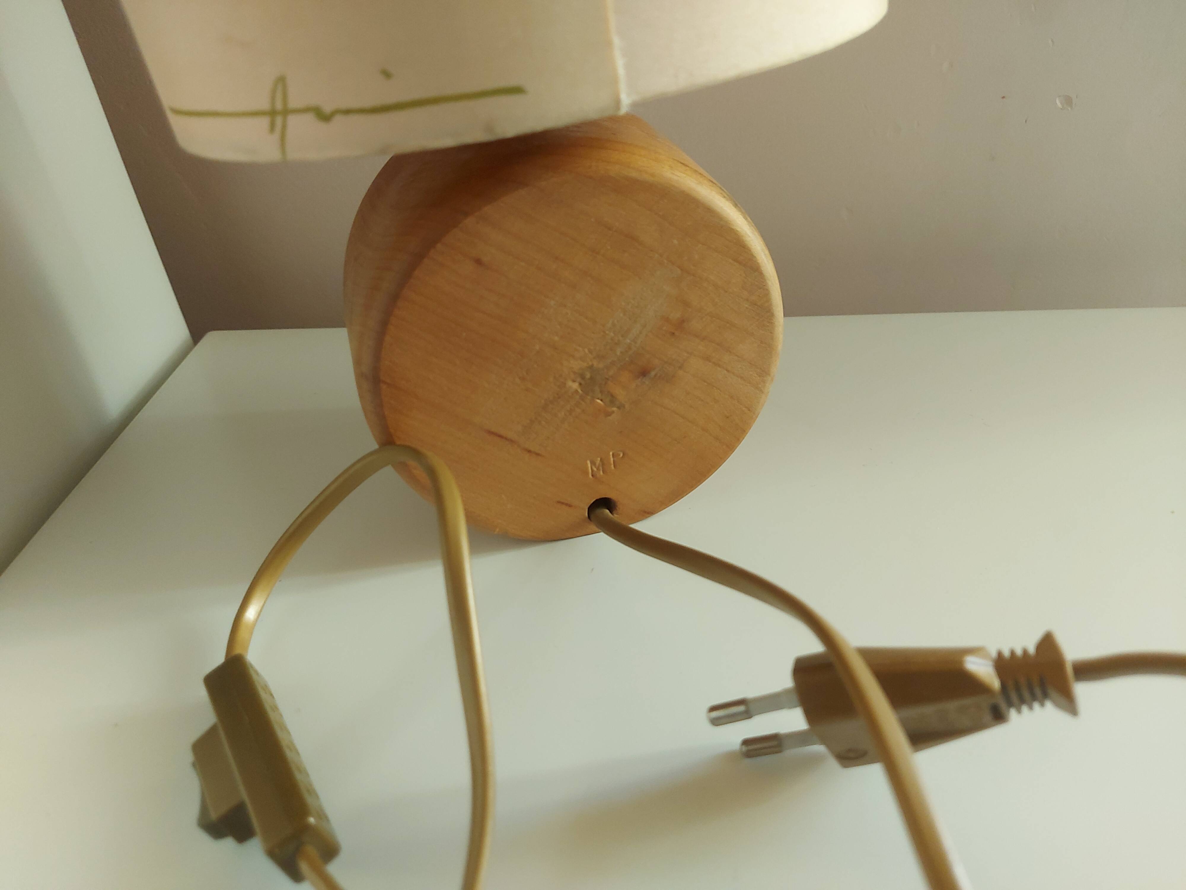 Wooden lamp with silk lampshade, hand painted, signed
