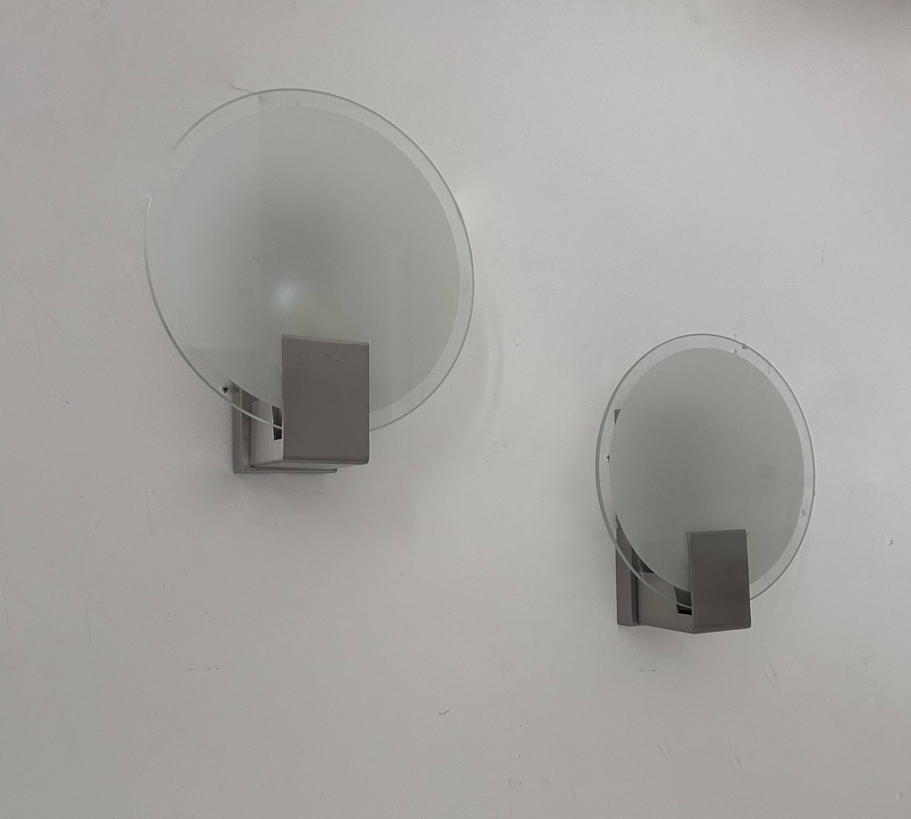 Pair of vintage round wall lights, chrome and sandblasted glass, France 1980s