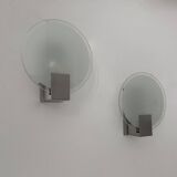 Pair of vintage round wall lights, chrome and sandblasted glass, France 1980s