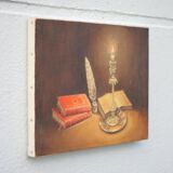 Signed still life painting, oil painting, books with candle