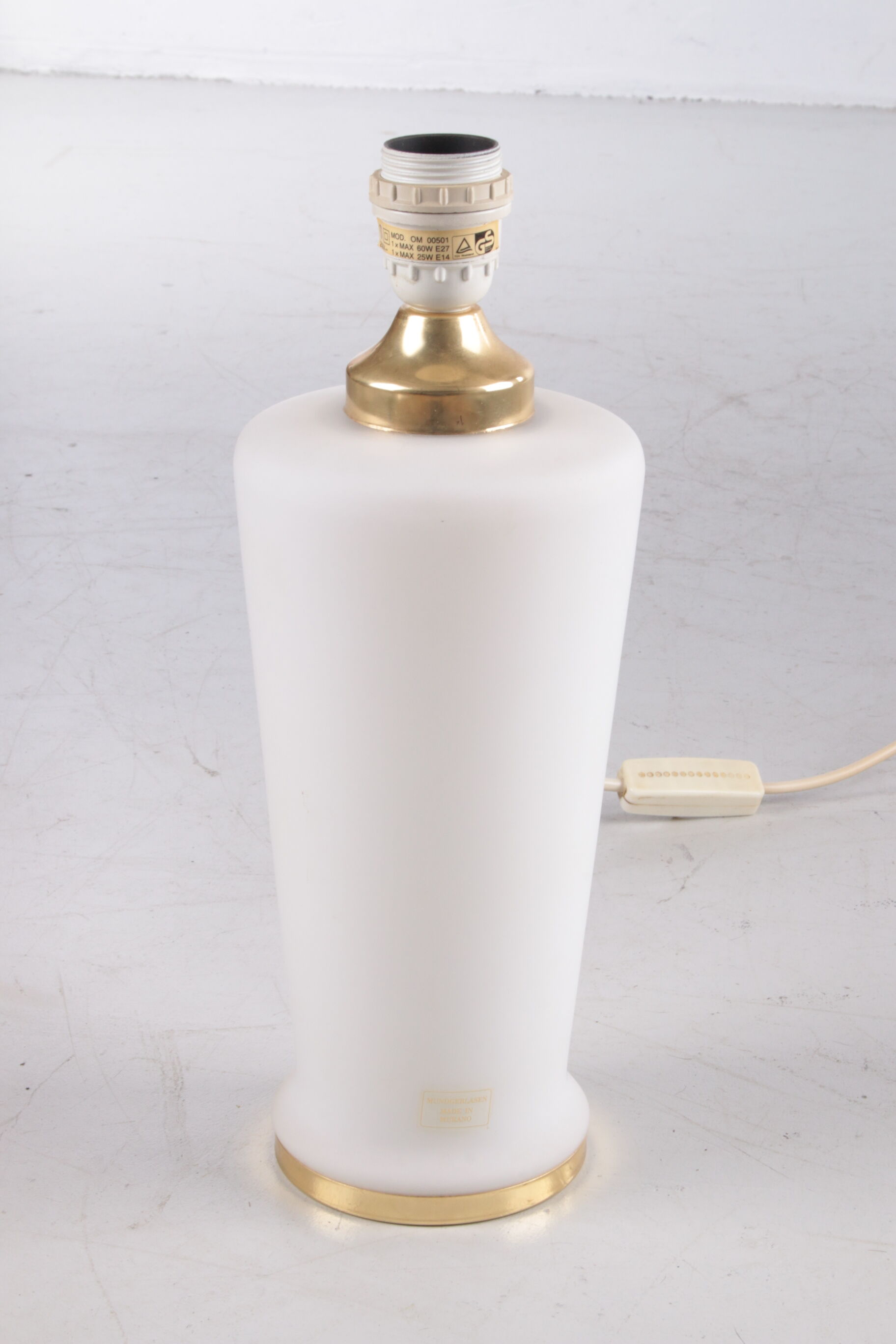 White glass table lamp with a pliche fabric shade, 70s.