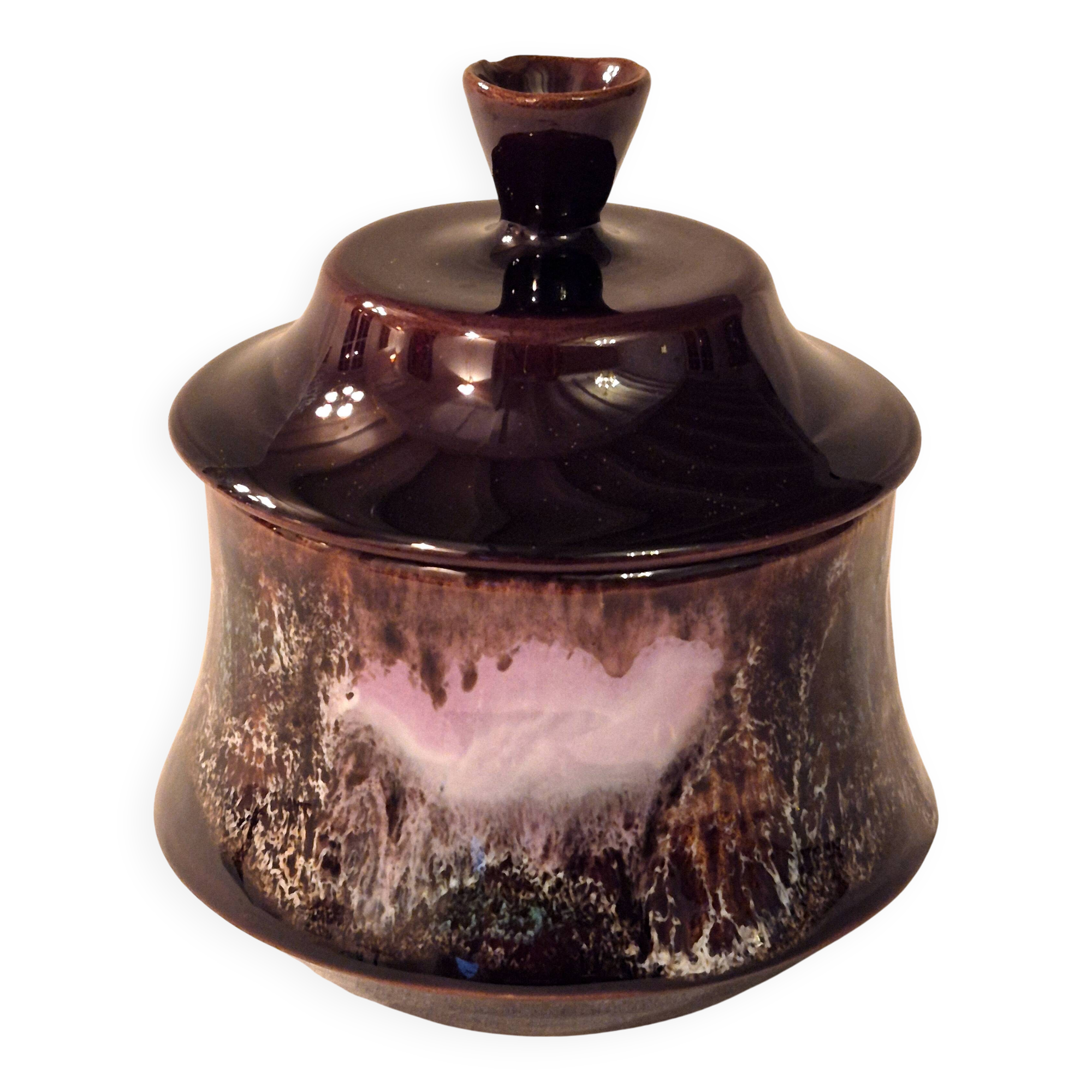Covered sugar bowl Vallauris glazed ceramic brown old pink A152-3