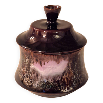 Covered sugar bowl Vallauris glazed ceramic brown old pink A152-3