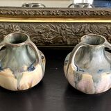 Pair of onion neck vases in flamed stoneware signed Denbac