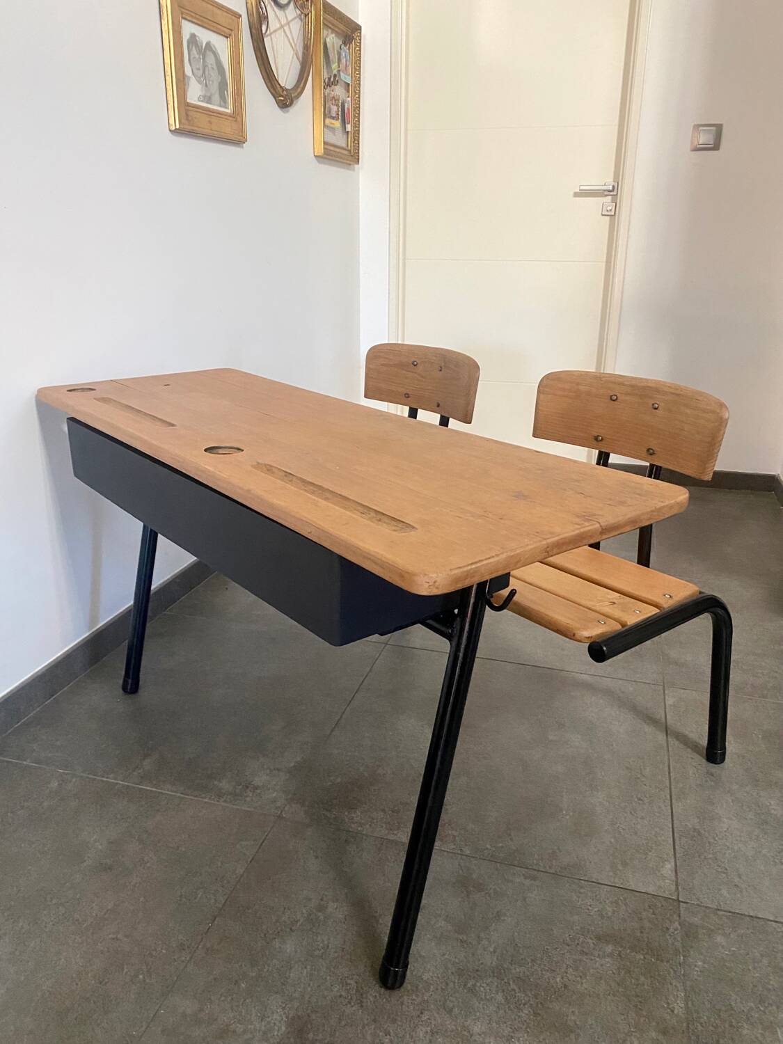 Vintage double school desk, refurbished in black and wood