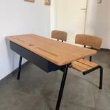 Vintage double school desk, refurbished in black and wood