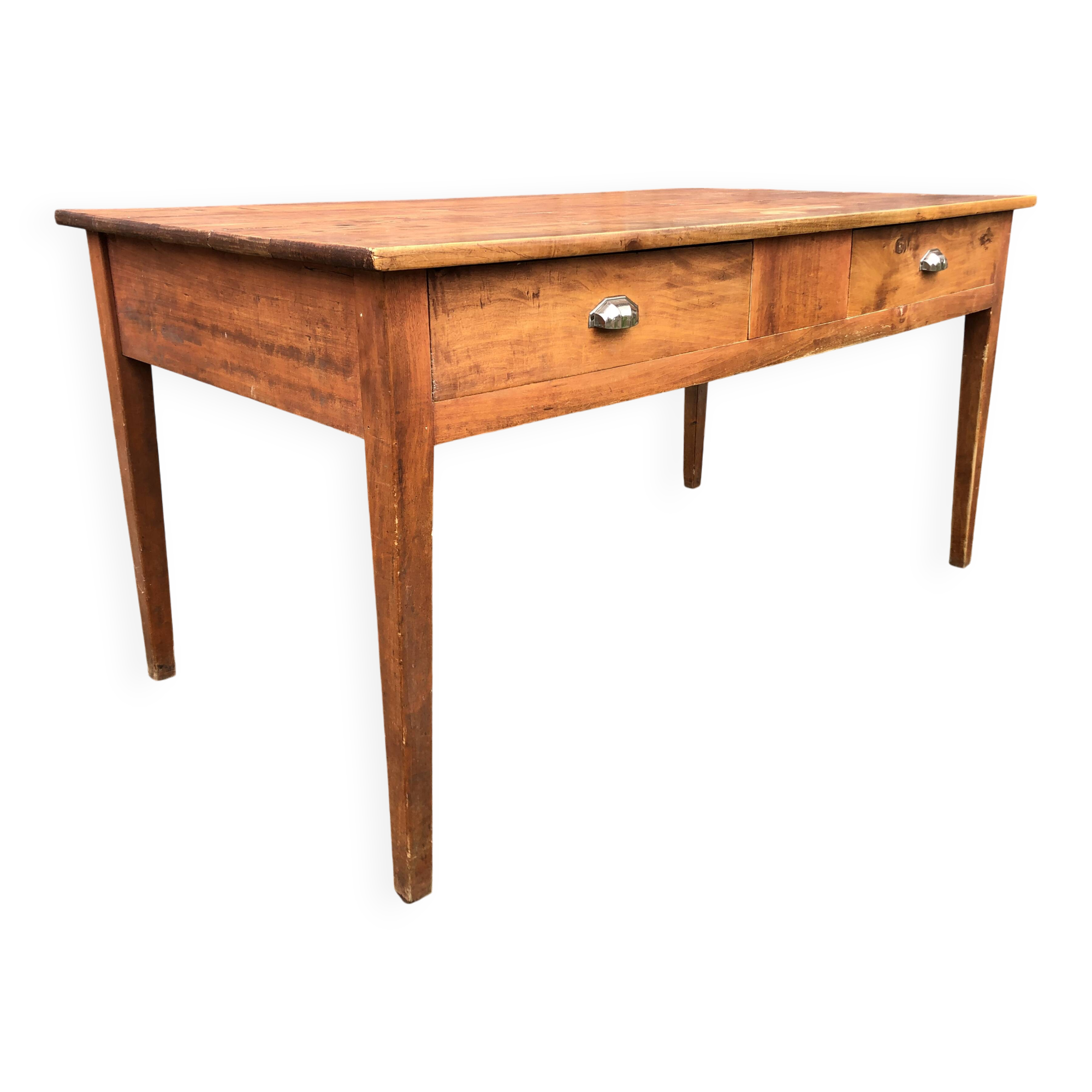 Poplar wood table with 2 front drawers from the Reconstruction period.