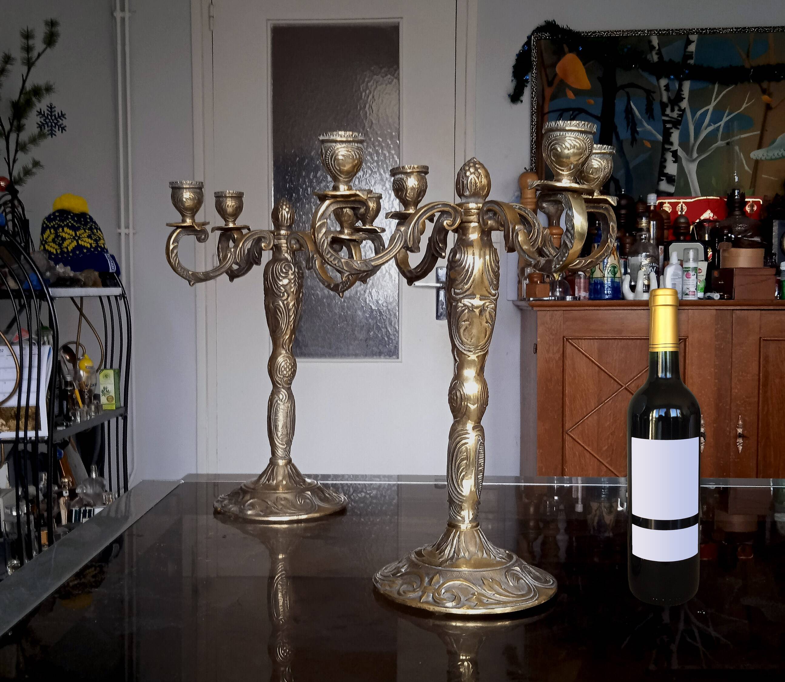 Paire de grands chandeliers 4 branches en bronze doré
