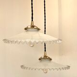 Pair of serrated opaline bistro pendant lamps