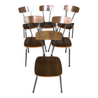Series of 6 Chairs Kitchen Formica Imitation Wood Feet Metal Vintage #A244