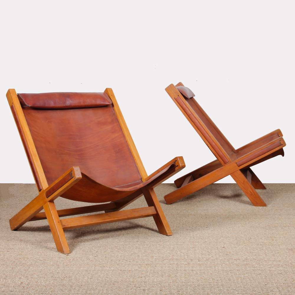 Pair of large wooden and leather armchairs from the 1980s