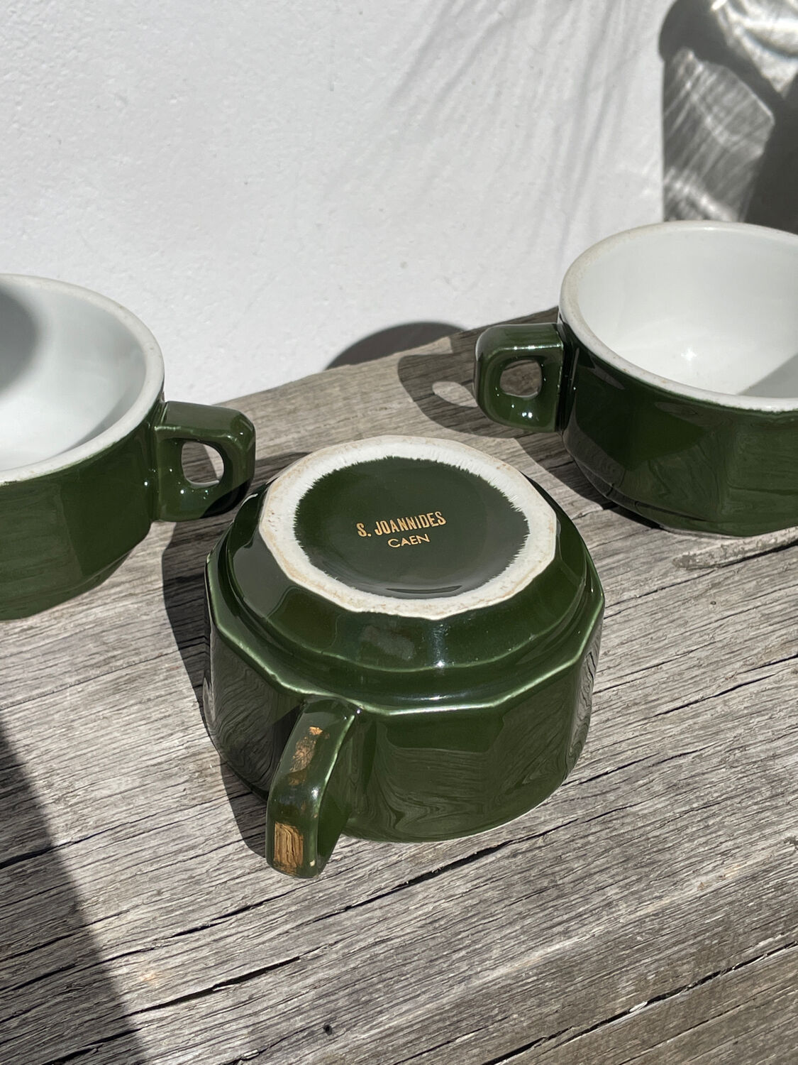 3 dark green bistro tea cups from Caen